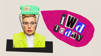 Creative colorful modern art collage. Woman with retro phone on her head. Concept of spring summer holiday, women's day for female rights, beauty.