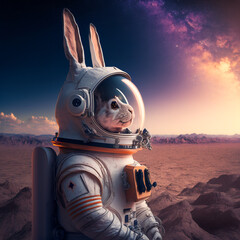 Fototapeta Generative ai rabbit astronaut in cosmonaut suit exploring outer space universe obraz