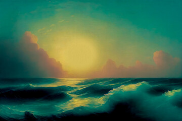 Seascape at sunset, stylized as an oil painting. White crests of waves, wind on the sea, reflection of the sun in picturesque clouds