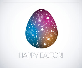 Easter greeting card with space elements in big egg. Vector illustration