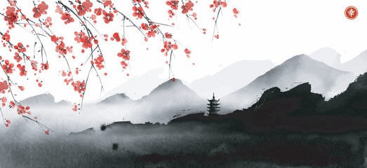 Landscape with sakura blossom and pagoda temple in black mountains. Traditional oriental ink painting sumi-e, u-sin, go-hua. Hieroglyph - happiness.