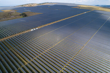 Aerial view over a large solar energy farm for the supply of renewable energy in Mexico