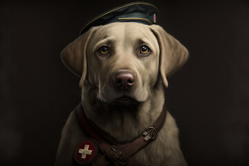 A handsome light colored labrador dressed up as a medic with a hat. Generative Ai