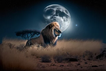 Foto op Aluminium a lion lies in the savannah at night in the background is a large moon. Generative AI © jr-art