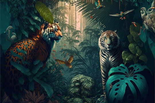 abstract image in the jungle with two tiger. Generative Ai