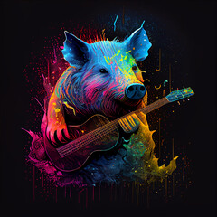 Isolated hog playing guitar. Generative Ai.