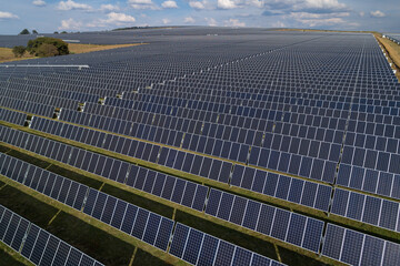 Aerial view over a large solar energy farm for the supply of renewable energy in Mexico