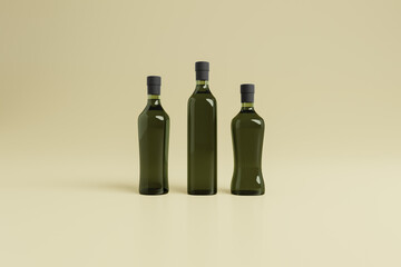 Green glass bottles in various shapes, 3d rendering. Cooking vegetable oil vials in copy space background, mock-up design