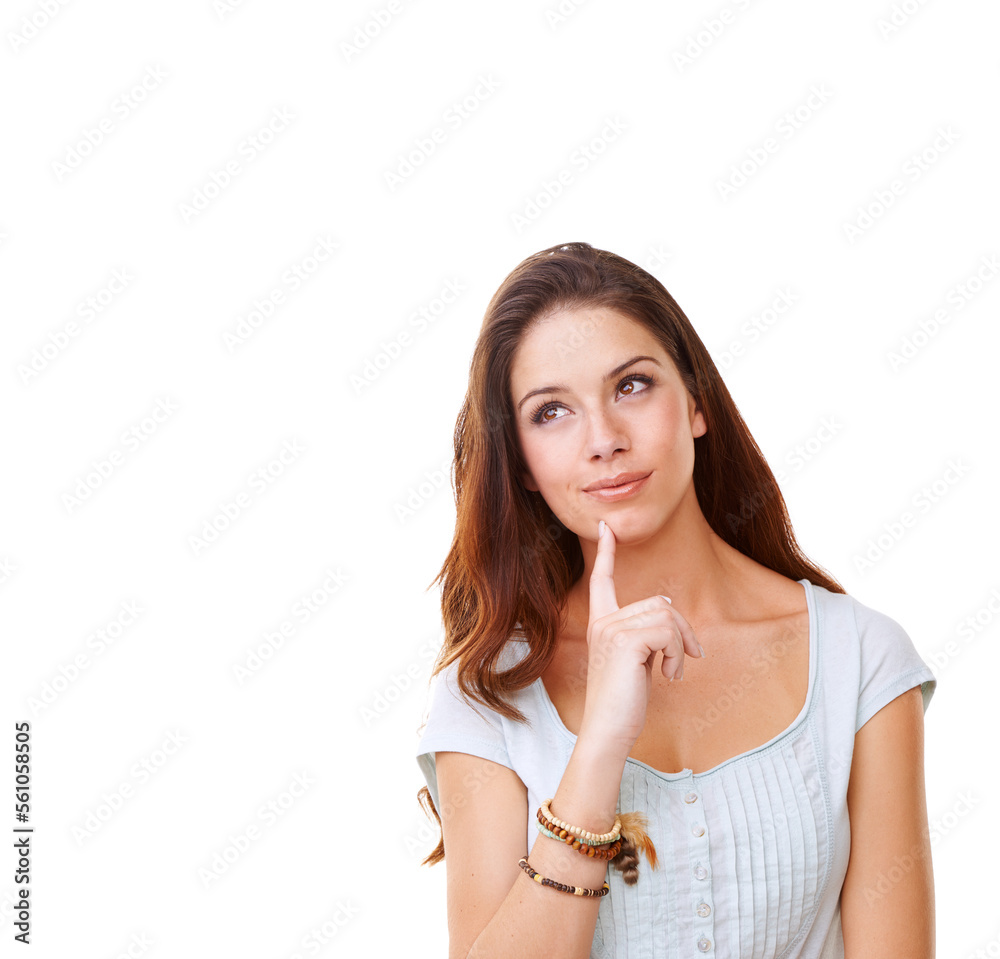 Sticker Innovation, thinking and inspiration of woman brainstorming and considering idea for marketing. Ideas, inspired and strategy of beautiful girl with solution in white studio mockup background.