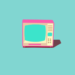 Retro  television, TV set, with blue screen, pink box, and  buttons for  tone adjustment on simple bright background.