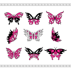 Wall murals Butterflies in Grunge Y2k glamour tattoos silhouettes. Flame Butterfly tattoo in trendy emo goth 2000s style. Vector hand drawn icon. 90s, 00s aesthetic. Pink, black colors.