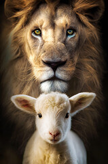 Lion and Lamb stand together - obrazy, fototapety, plakaty