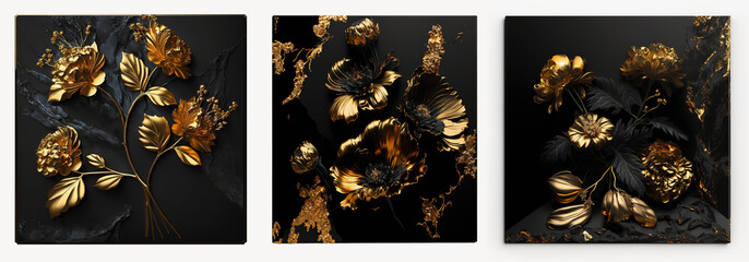 Set of 3d wallpaper for wall frames fractal flowers golden and black liquid marble background. Resin geode and abstract art, functional art, like geode painting. 