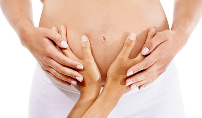 Pregnancy, partner hands and support on stomach for baby wellness, mother health and lifestyle together. Pregnant woman, mom and family trust, couple hope hand and love in white background studio