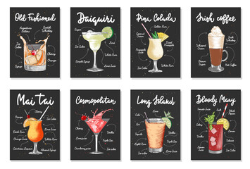 Set of 8 advertising recipe lists with alcoholic drinks, cocktails and beverages lettering posters, wall decoration, prints, menu design. Hand drawn vector engraved sketches. Handwritten calligraphy.