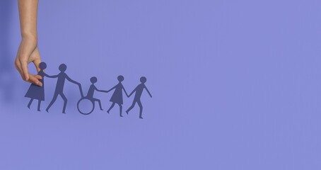 Hands holding diversity family, happpy carer and volunteer, disable nursing home, rehabilitation and health insurance concept