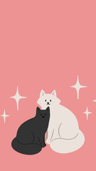 valentines day illustration, couple love illustration, story background with cats, pink cozy house clip art, vector card in flat cartoon style.