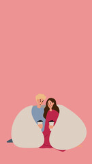 valentines day illustration, couple love illustration, story background with cats, pink cozy house clip art, vector card in flat cartoon style.