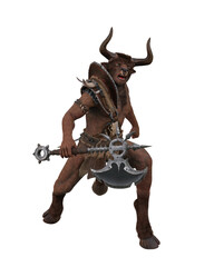 Minotaur, the fantasy half man half bull creature from ancient Greek mythology, holding an axe. 3D illustration isolated.