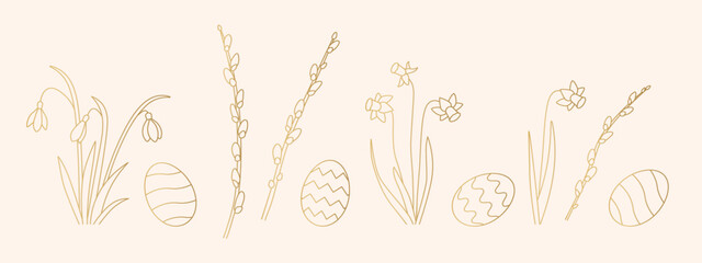 Easter golden banner with daffodils, snowdrops, willow catkins branches and eggs - vector illustration - obrazy, fototapety, plakaty