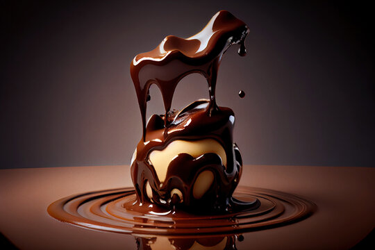 Chocolate bonbon dropping into liquid chocolate on dark background. Studio shot.   
Digitally generated AI image.