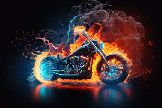 Burning chopper bike made of fire, smoke and sparks on black background.  
Digitally generated AI image. 