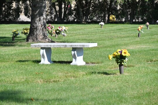 Cemetery Flowers and Bench