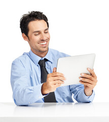 Social media, video and businessman reading on tablet for work, communication and app. Website, contact and happy executive man with tech for connectivity, wifi and online news on a white background