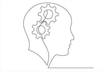 Continuous one line drawing of man  head  with lightbulb with gears inside as line drawing on white background. Vector