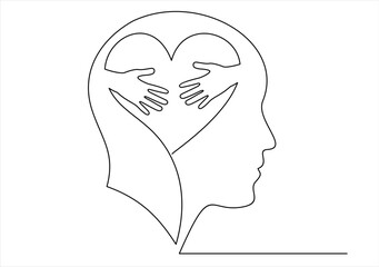 continuous stylized modern drawing of a human head and brain thinking about a Volunteering. flat vector linear illustration on a white background. 