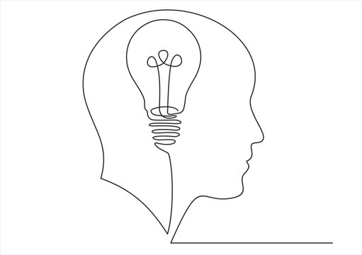 Continuous one line drawing light bulb symbol idea.The concept of thinking ideas inside the person's head