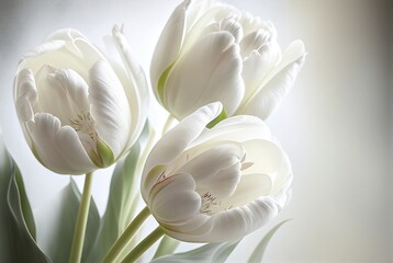 Beautiful white tulips on white background with. White spring flowers. 3D Illustration