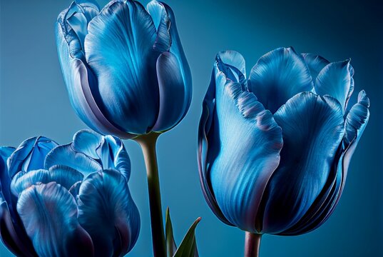 Beautiful abstract blue tulips on blue background. Blue spring flowers. 3D Illustration