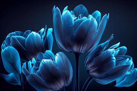 Beautiful abstract blue tulips on blue background. Blue spring flowers. 3D Illustration