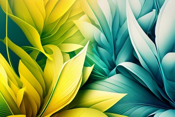 Abstract colorful spring background. Yellow and green abstract plants. 3D Illustration