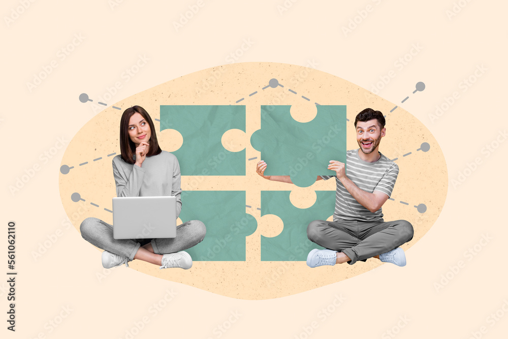 Aufkleber composite collage image of two positive mini people girl use netbook brainstorming excited guy hold 