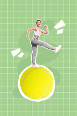 Collage 3d image of pinup pop retro sketch of smiling excited lady walking big tennis ball isolated...