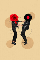 Collage photo of couple dancing wear black leather vintage outfits jackets headless red flower...