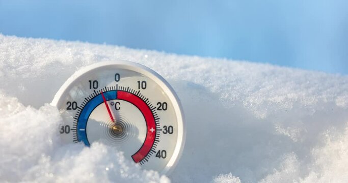 Thermometer with celsius scale in snow demonstrates ambient temperature rising up from minus 9 degrees to minus 4 - winter weather change concept 4K timelapse