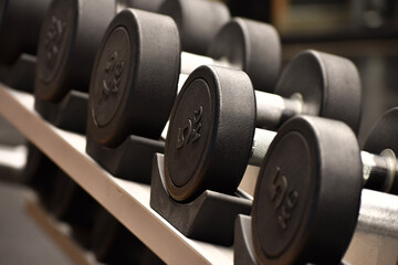 Fototapeta na wymiar Dumbbells of different weight in the gym