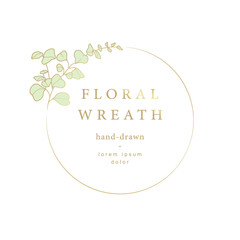 Elegant luxury floral frame. Hand drawn gold green logo template in line art with flowers. Vintage botanical wreath. Vector illustration for labels, corporate identity, wedding invitations