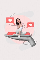 Fototapeta Photo collage cartoon comics sketch picture of smiling happy lady sitting apple samsung modern device isolated drawing background obraz