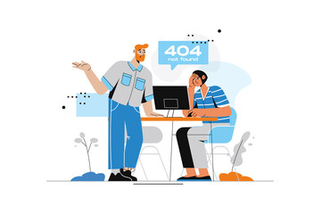 404 not found concept with people scene in flat style. Man and woman looking page problems and fixing errors with site connection or program bug. Illustration with character design for web