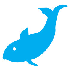 Blue and white vector graphic of a map symbol for a fishing location. It consists of a blue silhouette of a stylised fish on a white background