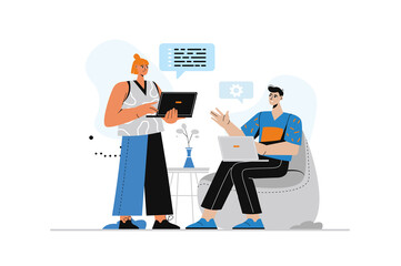 Programming concept with people scene in flat style. Man and woman developers working with abstract computer language code and scripts in office. Illustration with character design for web