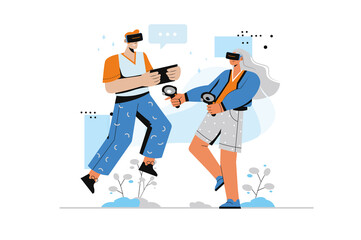 Metaverse concept with human scene in flat style. Man and woman in VR headset with controllers and tablet play and interact with virtual reality. Illustration with character design for web