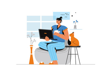 Freelance concept with human scene in flat style. Woman works as freelancer and performs tasks remotely using laptop from comfortable home office. Illustration with character design for web