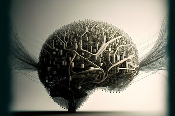 Complex concept of a computer or AI mind as a physical object. Generative AI, this image is not based on any original image, character or person.