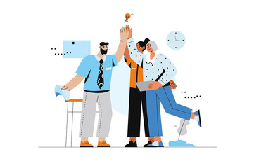 Teamwork concept with human scene in flat style. Man and women work together, high five and celebrate success work, collaborating in job together. Illustration with character design for web