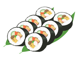 笹葉の上に並べた太巻き寿司8切れ